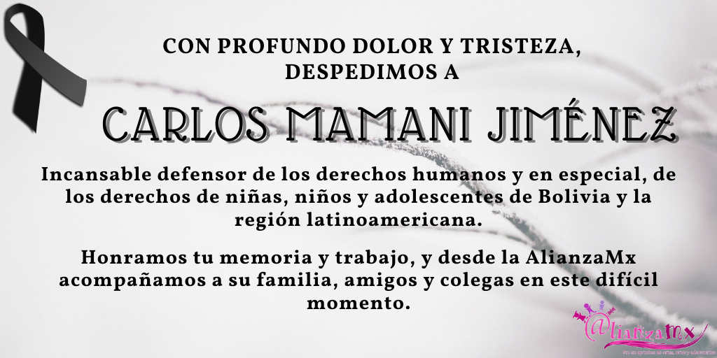 Profunda tristeza nos invade la partida del gran compañero y defensor Carlos Mamani.
Seguiremos tu camino y ejemplo en la defensa de los derechos de NNA en la región latinoamericana.
#ECOJóvenesBolivia 
<a href="/JuliaSVelasco/">Julia Velasco</a>
<a href="/tejiendoredesi/">Tejiendo Redes Infancia</a>
 #RedesInfancia