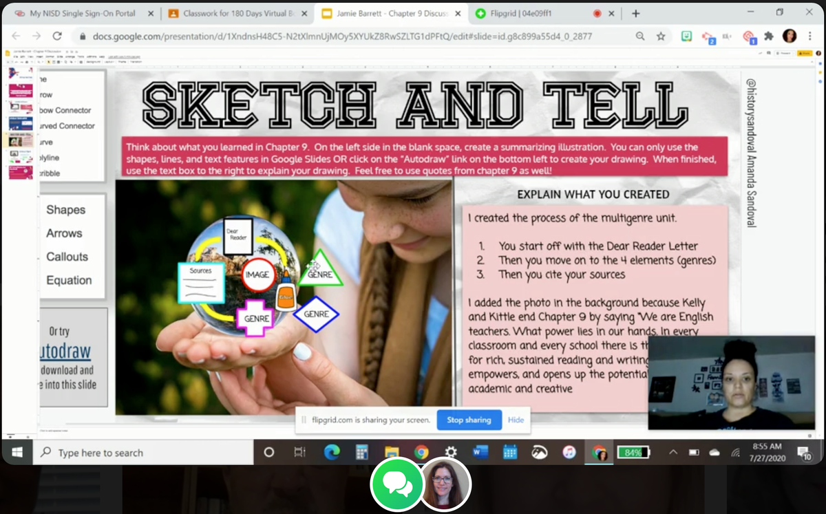 HaloRogers's tweet photo. 🎥💻📖@nisdmsela teachers leveling up their digital skills this week in our #180Daysbookstudy by creating a @eduprotocols Sketch&amp;Tell for ch.9 and sharing it using screen recording on @Flipgrid. Thank you @historysandoval for the template! @KellyGToGo @pennykittle @michellebunn07 https://t.co/wgS73S6KEM