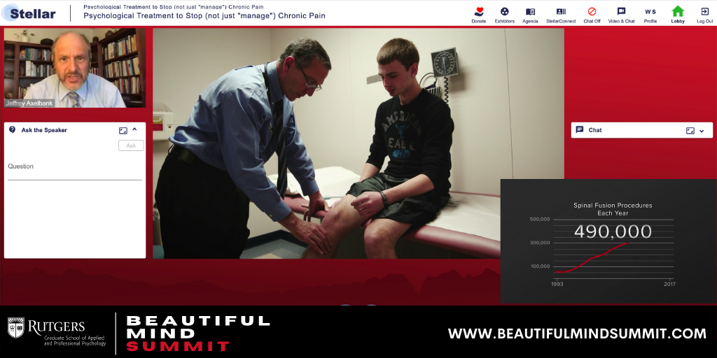 GSAPP alumni, Dr. Jeffrey Axelbank, discussing psychological treatment to stop (not just "manage") #chronicpain. Register at beautifulmindsummit.com and log in to bms.conference.stellar.online to join the Q&amp;A session! #beautifulmindsummit