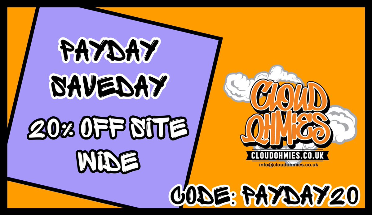 cloudohmies's tweet image. Starting 00.01 this morning 20% off site wide use code PAYDAY20  cloudohmies.co.uk
#deals #vaping #vape