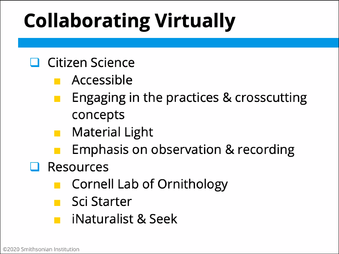 nflynnseattle's tweet image. Thinking about virtual PD in #SmithsonianAPI is helping me think more about #HomeBasedLearning. 🙂 Love the point that #CitizenScience is materials-light, can be done by any student who can go outside.