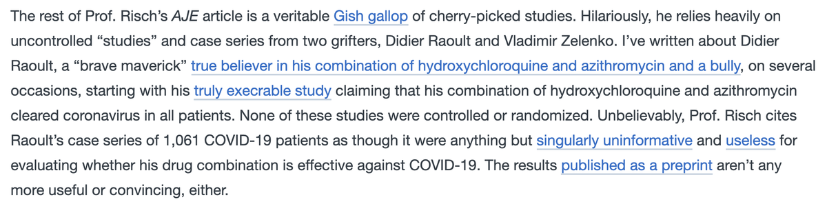 This is a detailed blog post from  @gorskon on 'science based medicine' that systematically dismantles Risch's claims referring to the higher quality studies and the extremely dubious evidence that Risch is relying on.
