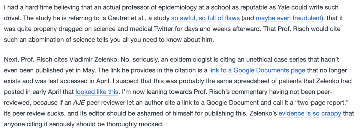 This is a detailed blog post from  @gorskon on 'science based medicine' that systematically dismantles Risch's claims referring to the higher quality studies and the extremely dubious evidence that Risch is relying on.