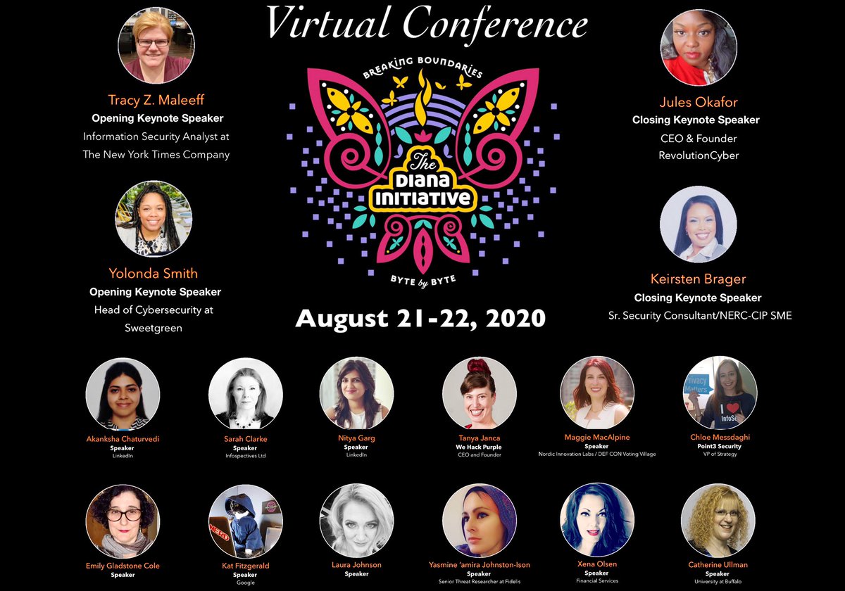 Keynotes speakers and some of #dianainitiative2020 first round speakers. Congratulations to our keynotes & round 1 speakers 
@ysmithnd
@InfoSecSherpa
@julesmgmt
@KeirstenBrager
@itsmalware
@DefiantLJ
@trialbytruth
@iosforensic
@unixgeekem
@riabaldevia
@ChloeMessdaghi
@MaggieMacAlpine
@ch33r10
@investigatorchic
@CloverTwombley
@SheHacksPurple
@rnbwkat
@nitya__garg