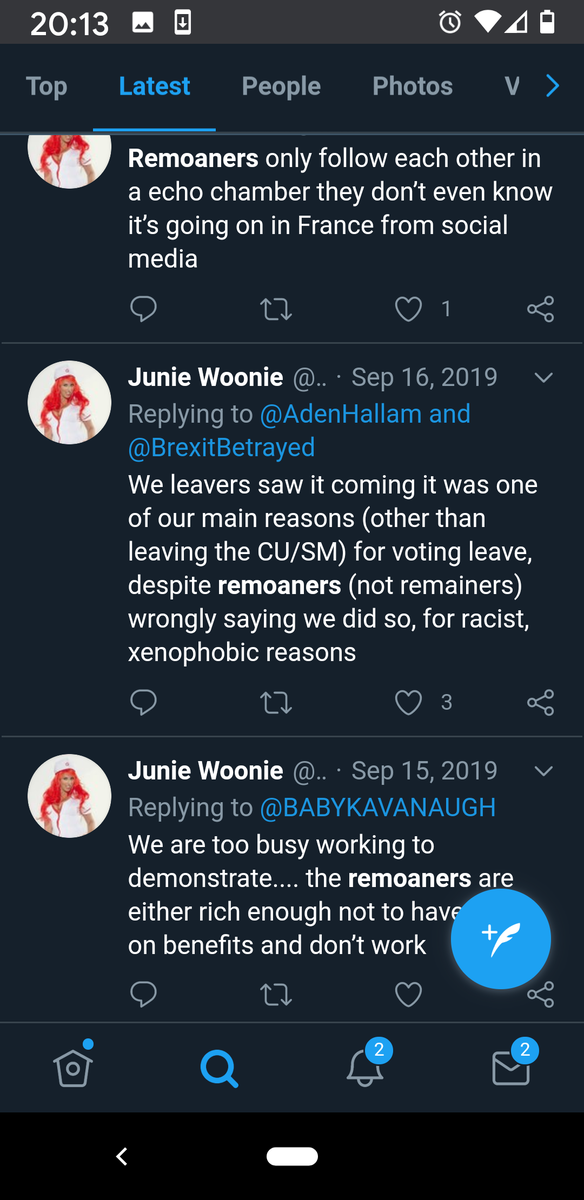 Check out "Junie Wunie" on "Remoaners"Dozens of slights against people for fighting for fairness Hard pass https://mobile.twitter.com/search?q=Remoaners%20(from%3AThe_Evil_Barbie)&src=typed_query&f=live