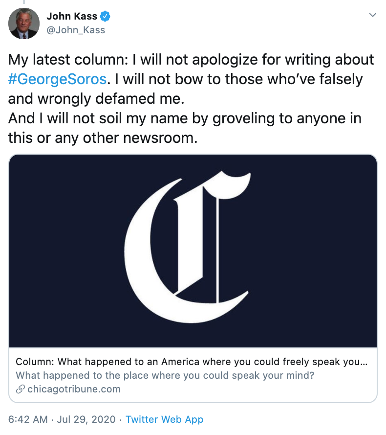 OK, let's get to the meat of this thread, today's Kass column in which he paints himself as a First Amendment hero who is the victim of a woke mob. It's kind of ridiculous to claim you're oppressed when you get to strike back from a column in Chicago's highest-circulation paper.