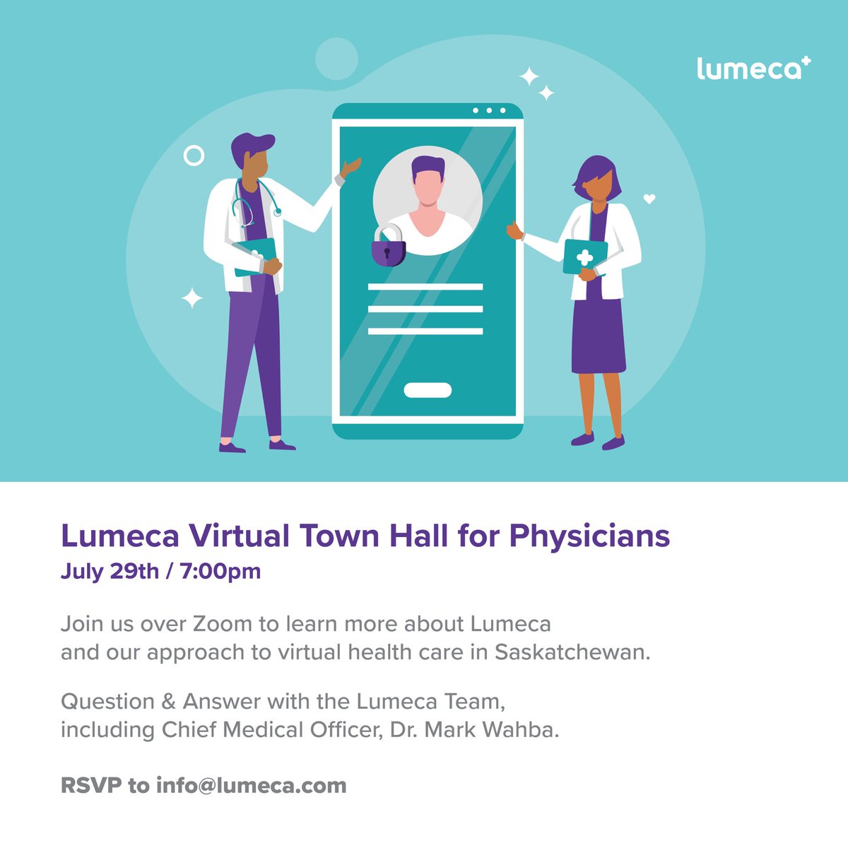 LumecaHealth's tweet photo. Saskatchewan Physicians interested in learning more about Lumeca and our approach to virtual health care are invited to join us this evening for a Virtual Town Hall. RSVP to info@lumeca.com 

#Lumeca #VirtualHealthcare https://t.co/HnL4h6LmmT