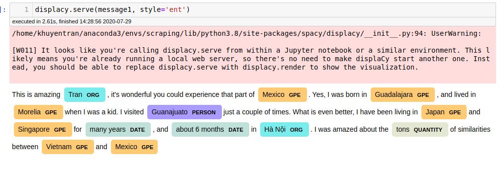 KhuyenTran16's tweet photo. Named entity is a real-world object, such as persons, locations, organizations, products, etc. Pretty cool to visualize named entity in my LinkedIn message with
@spacy_io
#nlp #namedentity https://t.co/sdDckdVv16