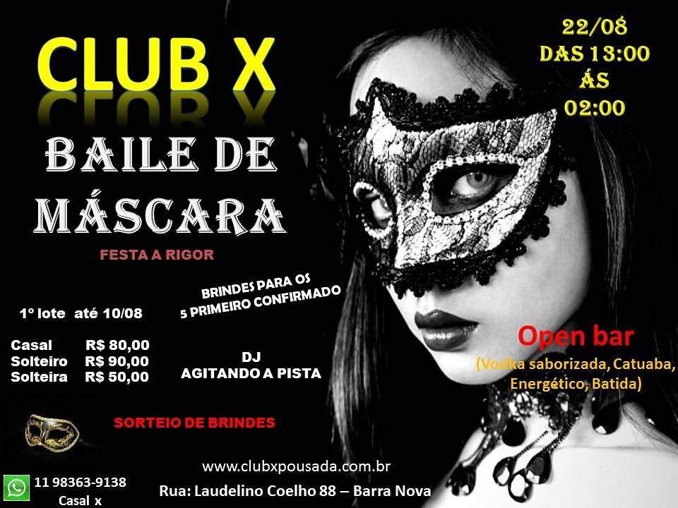 🎭🎭BAILE DE MÁSCARAS 🎭
          2️⃣2️⃣/0️⃣8️⃣  SÁBADO
     ⏰ Das 13:00 às 02:00 ⌛
     💃🕺🎧 DJ LÉO🎤🕺💃
   🎶 animando nosso baile 🎶
✴️🎭FESTA Á CARÁTER🎭✴️
              ❗Open bar❗
😈 sorteio de prêmios 😈
✔️ Decoração temática
✔️ Piscina liberada
✔️ Banho romano 😈