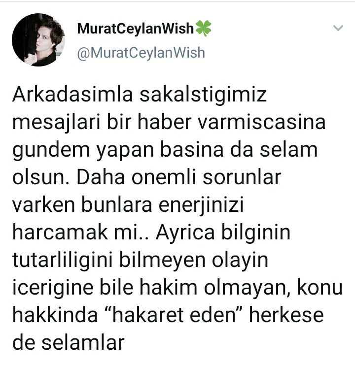 Murat Ceylan Fan Club 🍀 (@muratceylannfan) on Twitter photo GÜNDEM YAPANLARA SÖYLÜYORUM:
Insanlari rahat birakin (bu durumda ne demek istiyorum "Kendi hayatiniza bakin!" demek istiyorum).
Anlamiyorum ki, nasil akliniza geliyo böyle seyler.. Bi rahat birakin <a href="/MuratCeylanWish/">MuratCeylanWish🍀</a> 'i yaaa.. Bilmediginiz bi konuya karismayin. +++ GÜNDEM YAPANLARA SÖYLÜYORUM:
Insanlari rahat birakin (bu durumda ne demek istiyorum "Kendi hayatiniza bakin!" demek istiyorum).
Anlamiyorum ki, nasil akliniza geliyo böyle seyler.. Bi rahat birakin <a href="/MuratCeylanWish/">MuratCeylanWish🍀</a> 'i yaaa.. Bilmediginiz bi konuya karismayin. +++