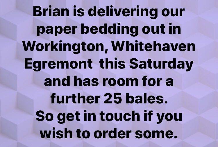 solwaybedding's tweet photo. Brian is #delivering our #paperbedding out in #Workington, #Whitehaven #Egremont this #Saturday and has room for a further #25 bales.
So get in touch if you wish to order some.
#eco #animalbedding #bedding #biodegradable #dustfree #highlyabsorbent #cumbria https://t.co/n9LKykOBKP