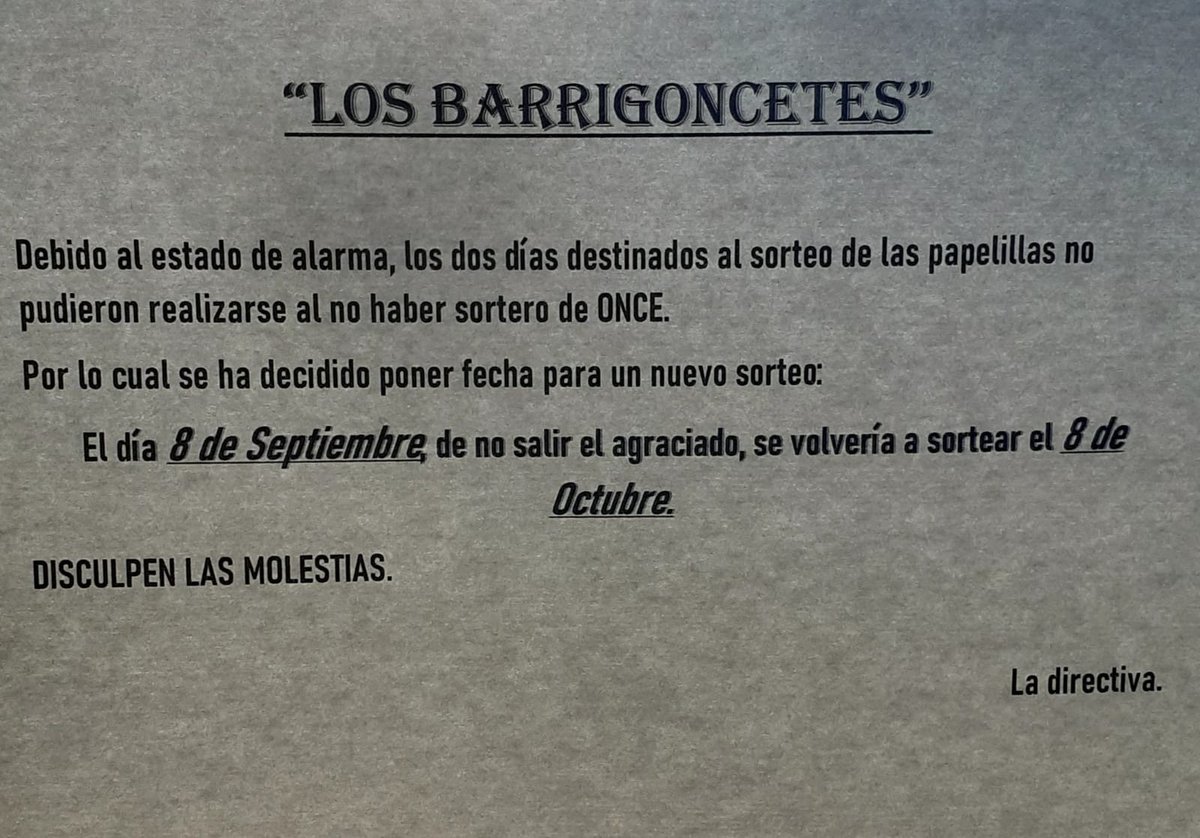 ⚠️⚠️ ATENCIÓN⚠️⚠️
Debido al estado de alarma no hubo sorteo de la ONCE, así que hemos tenido que cambiar la fecha de nuestra rifa al 8 de septiembre.
Suerte y disculpen las molestias.