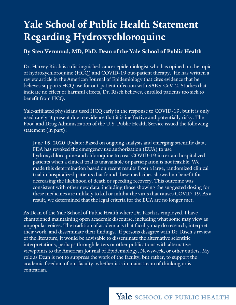 White text on blue background. Yale School of Public Health Statement Regarding Hydroxychloroquine

By Sten Vermund, MD, PhD, Dean of the Yale School of Public Health
