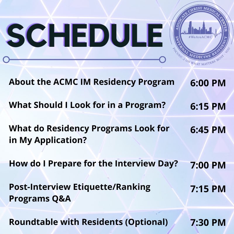 ACMCIMRes's tweet photo. #MedStudents it’s tough to sift through 500+ #InternalMedicine #residency programs. Attend Navigating the Match (virtually) with our Advocate Christ residents &amp; faculty to help figure out what’s important to you! Register by Fri Sept 4 https://t.co/WJsjz2Cfn8 #WeAreACMC #FOAMed https://t.co/gPbQUjHqdF
