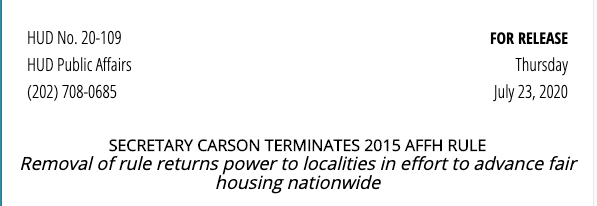 "Removal of rule returns power to localities in effort to advance fair housing nationwide"This is Newspeak.A complete manipulation of the truth.Republicans don't believe in fair housing, because it impacts their perceived right to live lives free of minorities & the poor.