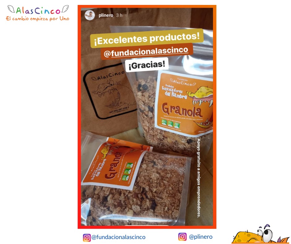 AlasCinco's tweet photo. @PLinero muchas gracias por apoyar nuestra #ComunidadAlascinco y creer, como nosotros, que desde la producción de la granola se está impactando muchas vidas. Recibimos el mensaje como un espaldarazo a nuestro trabajo y esperamos que siga disfrutando de nuestro producto. https://t.co/0zLbXmmYLJ