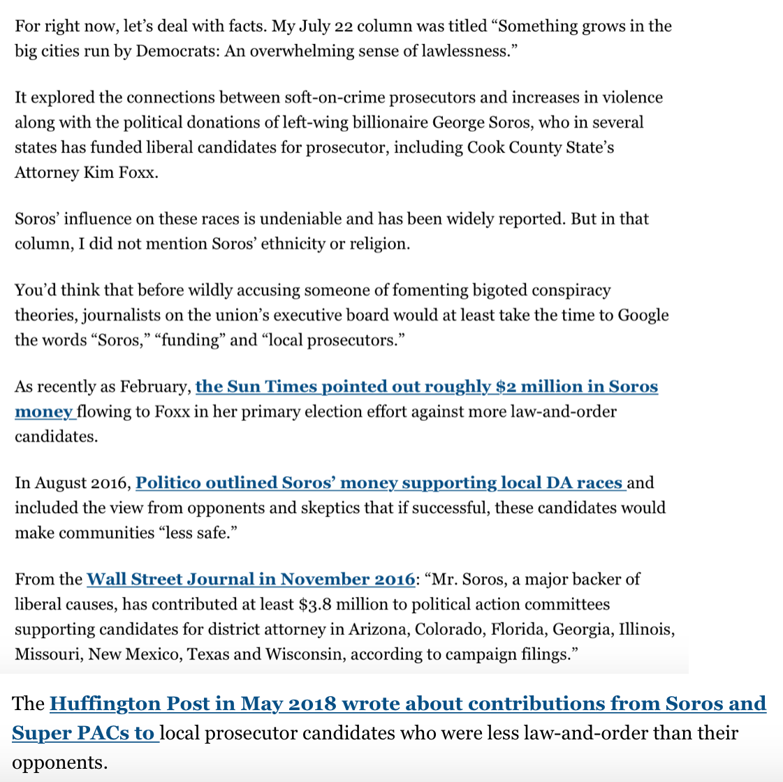 Next Kass tries to use "facts" to disprove the arguments there was anything wrong with the way he tied Soros' political donations to the election of "liberal social justice warriors prosecutors" whom Kass claims are soft on crime, breeding "an overwhelming sense of lawlessness."
