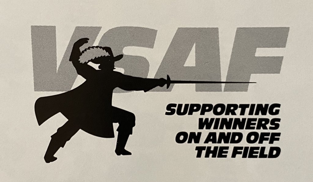 SportsLegalese's tweet photo. The old #VSAF logo was sizzlin’! 🍳🔥🍳 Perfect form by #CavMan. ⚔️⚔️⚔️ I believe fencers would call this a “lunge.” 10/10. https://t.co/EOFnTCN92E