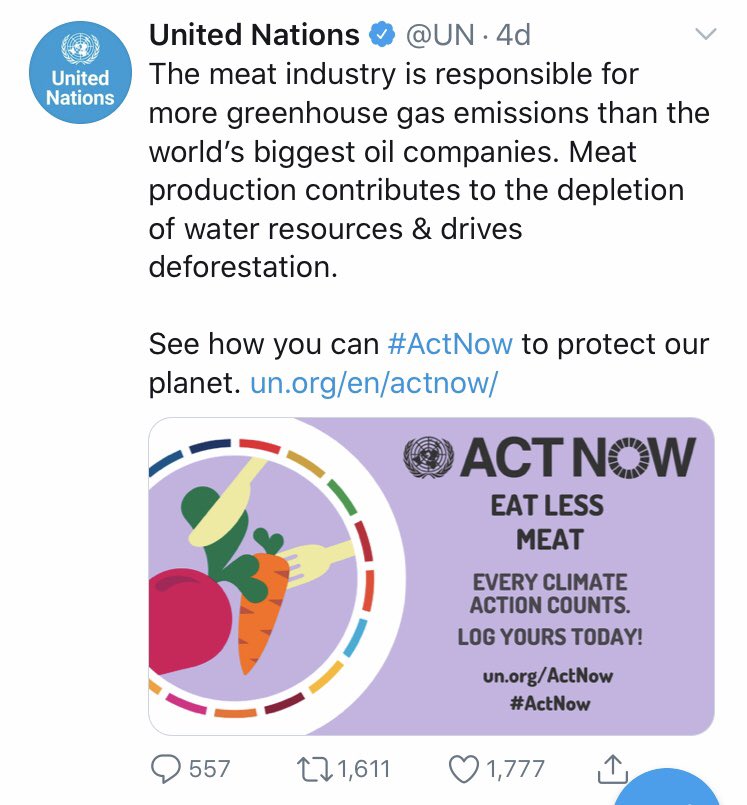 HarrietWilson12's tweet photo. 2 tweets from the @UN in 1 week completely contradicting each other... the meat industry is NOT responsible for more GHG emissions than oil companies. But yes โFalse information travels faster & further than the truth.โ #FictionNotFact #TakeCareBeforeYouShare https://t.co/jdbon1fsMU