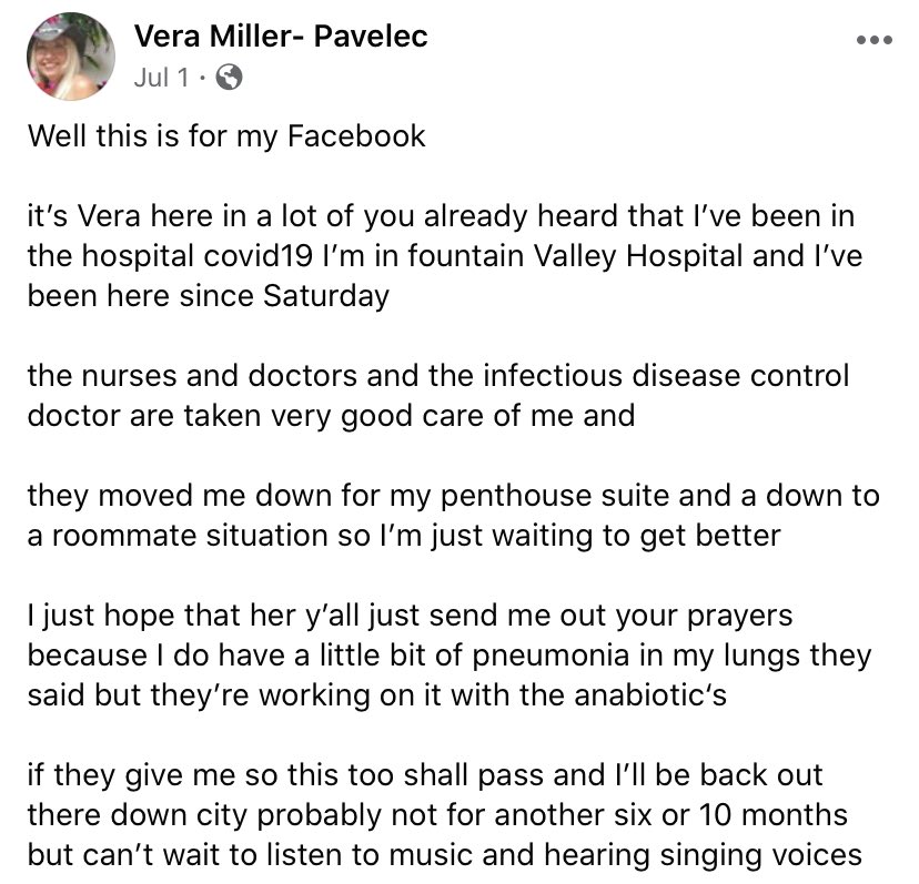 But you see, covid spreads.Meet Vera.Vera partied with Dominic.Vera got sick a short time after Dominic showed symptoms.Vera was hospitalized. Vera passed away.