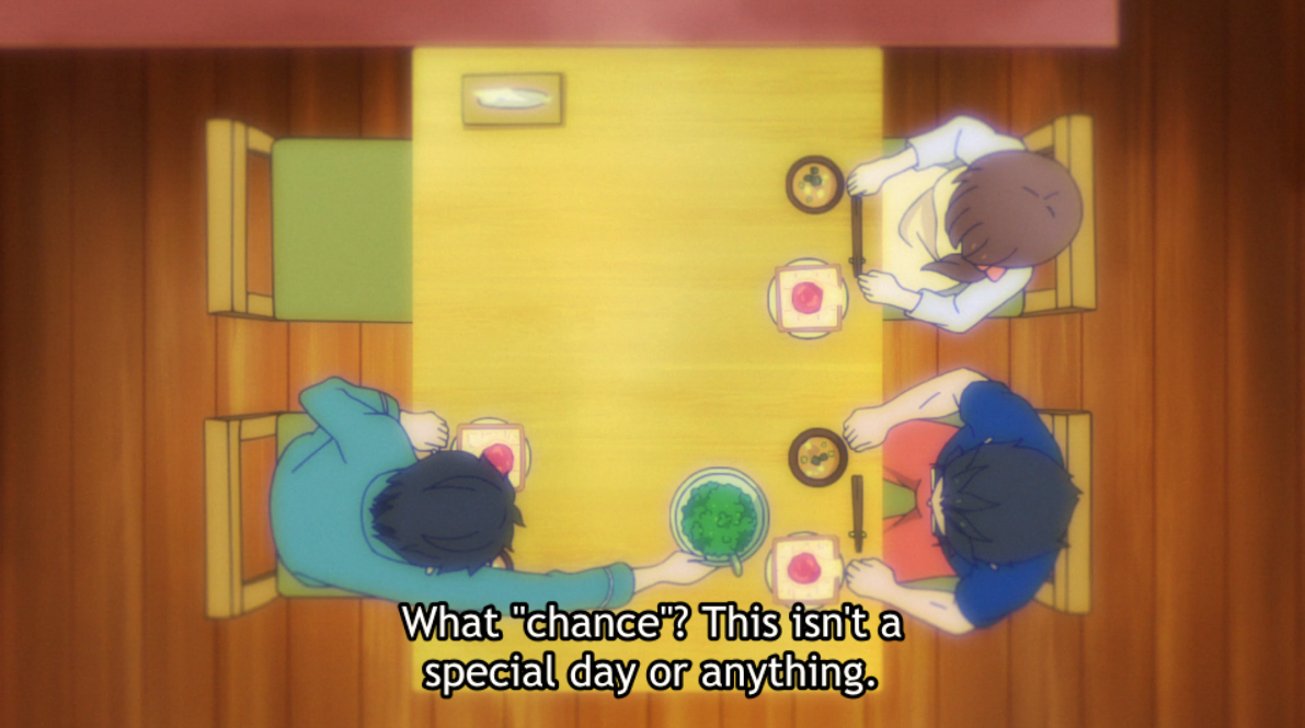 Humor of the situation aside as the peas are passed around, this offers a good glimpse at the Natsuki family dynamic: his parents are doing their best to raise him well, but it seems they fail at setting a good example to him themselves. This is especially noteworthy for Kenichi.