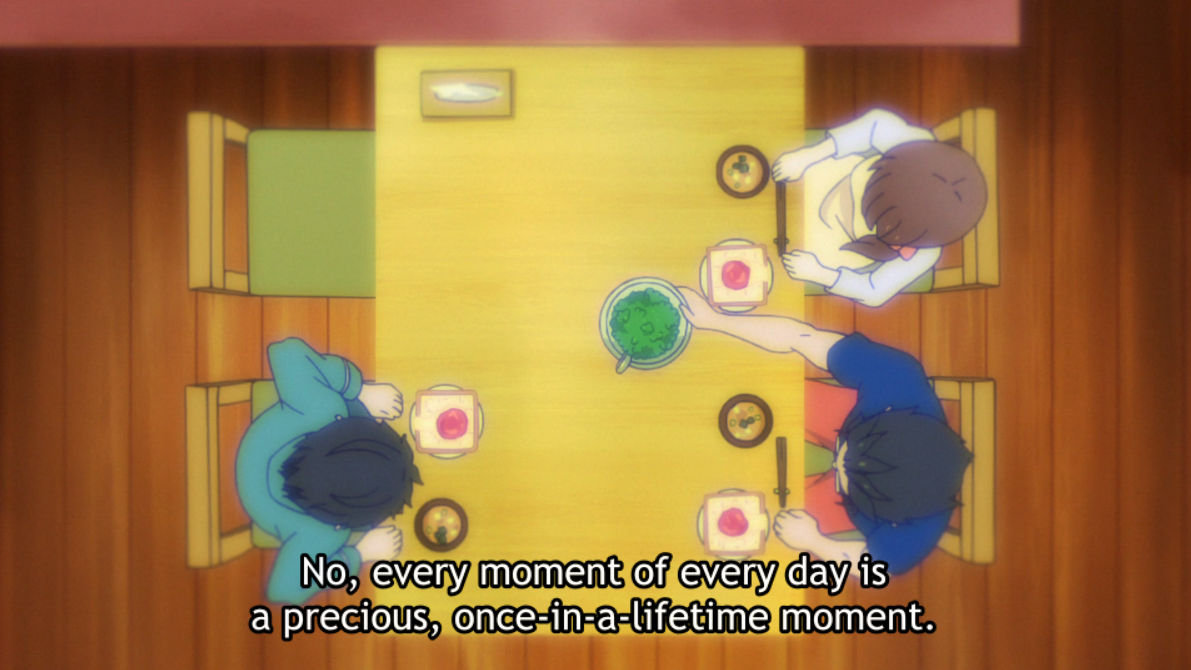 Humor of the situation aside as the peas are passed around, this offers a good glimpse at the Natsuki family dynamic: his parents are doing their best to raise him well, but it seems they fail at setting a good example to him themselves. This is especially noteworthy for Kenichi.