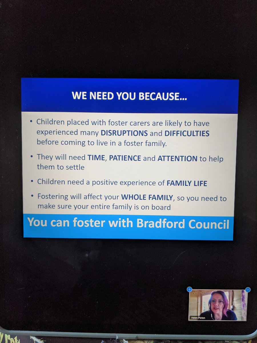 Linzihanlon's tweet photo. Another fab virtual Bradford fostering info evening. Only one word to describe our foster carer who took part tonight - inspirational 🥰 I get to work with such amazing people, very lucky indeed! #teambradford #fosterforyourlocalcouncil #couldyoufoster https://t.co/1vKyN3C4l1