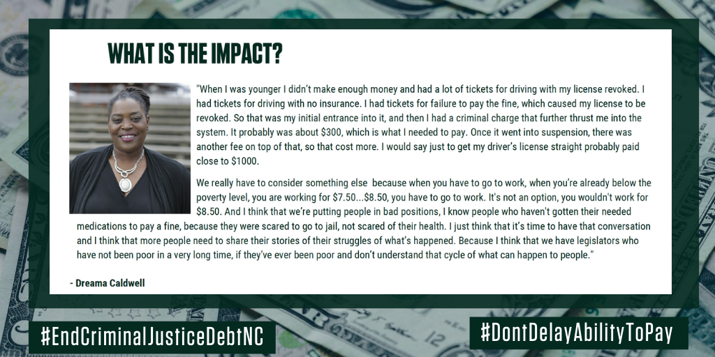 A $300 traffic ticket can quickly balloon to a debt of  over $1,000 when you’re already struggling financially and fines and fees continue to pile up. Drema’s story is another example of why it’s so important to adopt this rule @JusticeCBeasley.  #DontDelayAbilityToPay