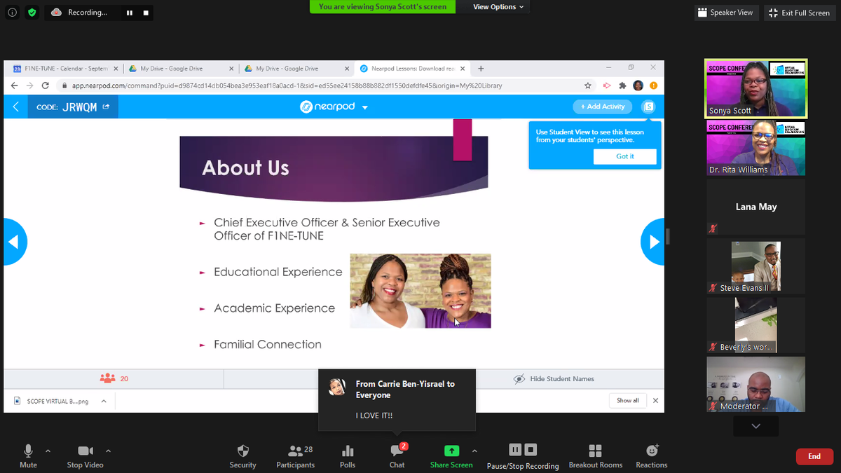 f1netune's tweet photo. Sonya & Rita had a wonderful time presenting our session, InterNetworking with Parents, @the Virtual Education Collaborative's S.C.O.P.E. Conference. Moderator was supportive, & participants were engaging. A productive way to spend the day! #TRIOworks #SCOPE2020 #VirtualEdCollab https://t.co/pSl8GXl0oI
