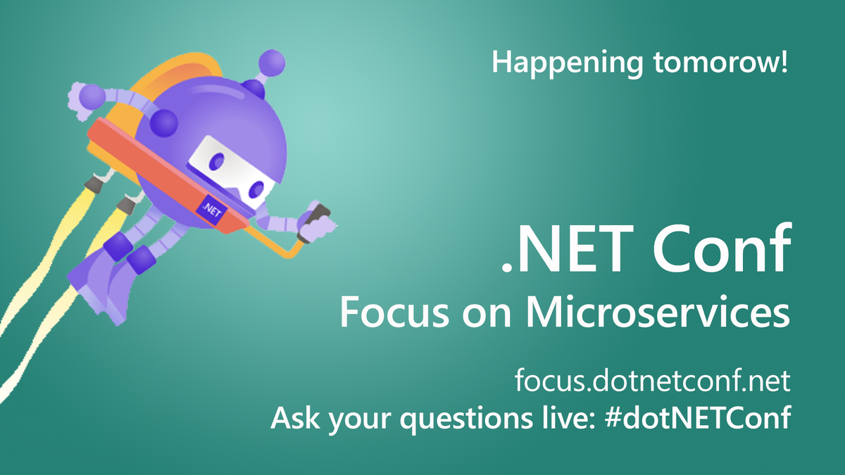 VisualStudio's tweet image. Less than 24 hours until the #dotNETConf: Focus on Microservices.
From @CareyPayette to @ChixCanCode to @CoolSch, it'll be a non-stop knowledge drop: msft.it/6018TWftY
