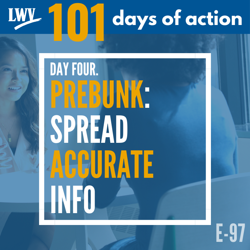 LWVSD's tweet photo. #Prebunk...? It's a tool to #FightDisinformation. Flooding social media w/ accurate info BEFORE disinfo takes hold is more effective than fact checking after. Watch for prebunk posts and then share, share, share to be effective! #2020Election #followus #Vote #101DaysofLWVAction https://t.co/73YyMUn44R