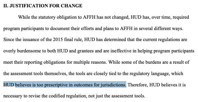 "The rules are too specific about how communities must comply with the law to produce certain outcomes, so we are changing them""Certain outcomes" = dog whistle for "Integrated communities"