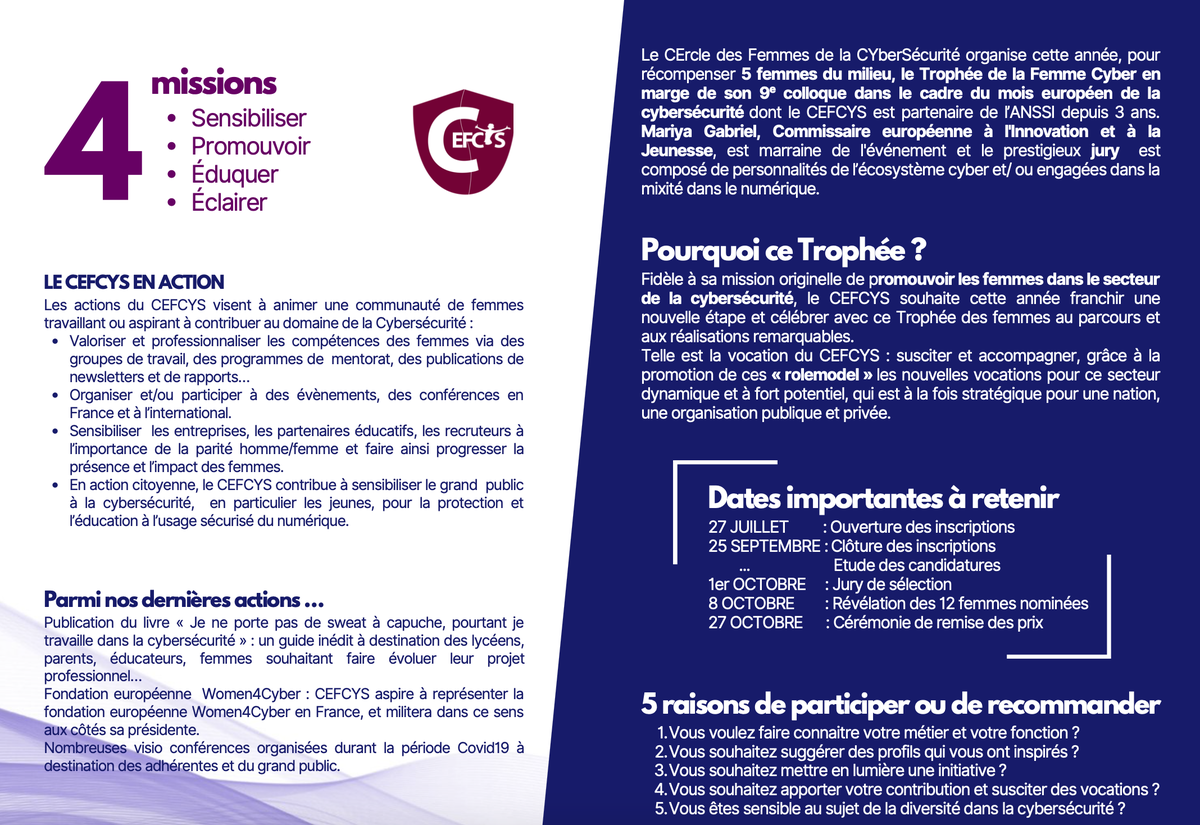 CEFCYS_Officiel's tweet photo. Ouverture des candidatures pour le #trophée de la #femme cyber qui se déroulera le 27 octobre sous la haute bienveillance de la marraine de l'évènement, Madame @GabrielMariya 
Voici le lien pour candidater ou pour nominer une #cyberwomen: https://t.co/COf4gXcmyg 

@CyberWomenDay https://t.co/yomzRVcvwx