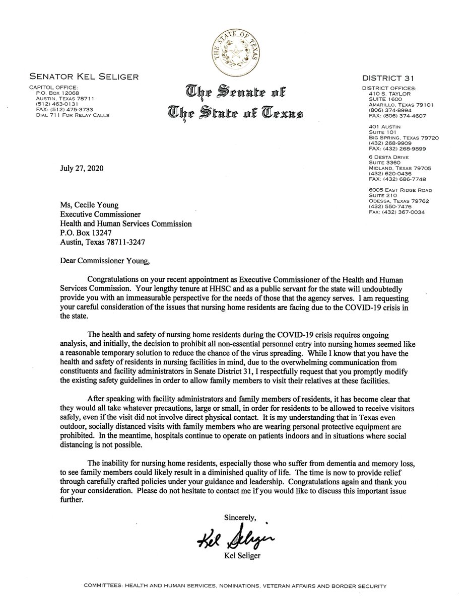 Earlier this week, I sent a letter to recently appointed  @TexasHHSC Commissioner Young congratulating her and strongly urging her to provide guidelines that allow Texans to visit their family members in nursing homes safely, even if those guidelines do not allow physical contact.