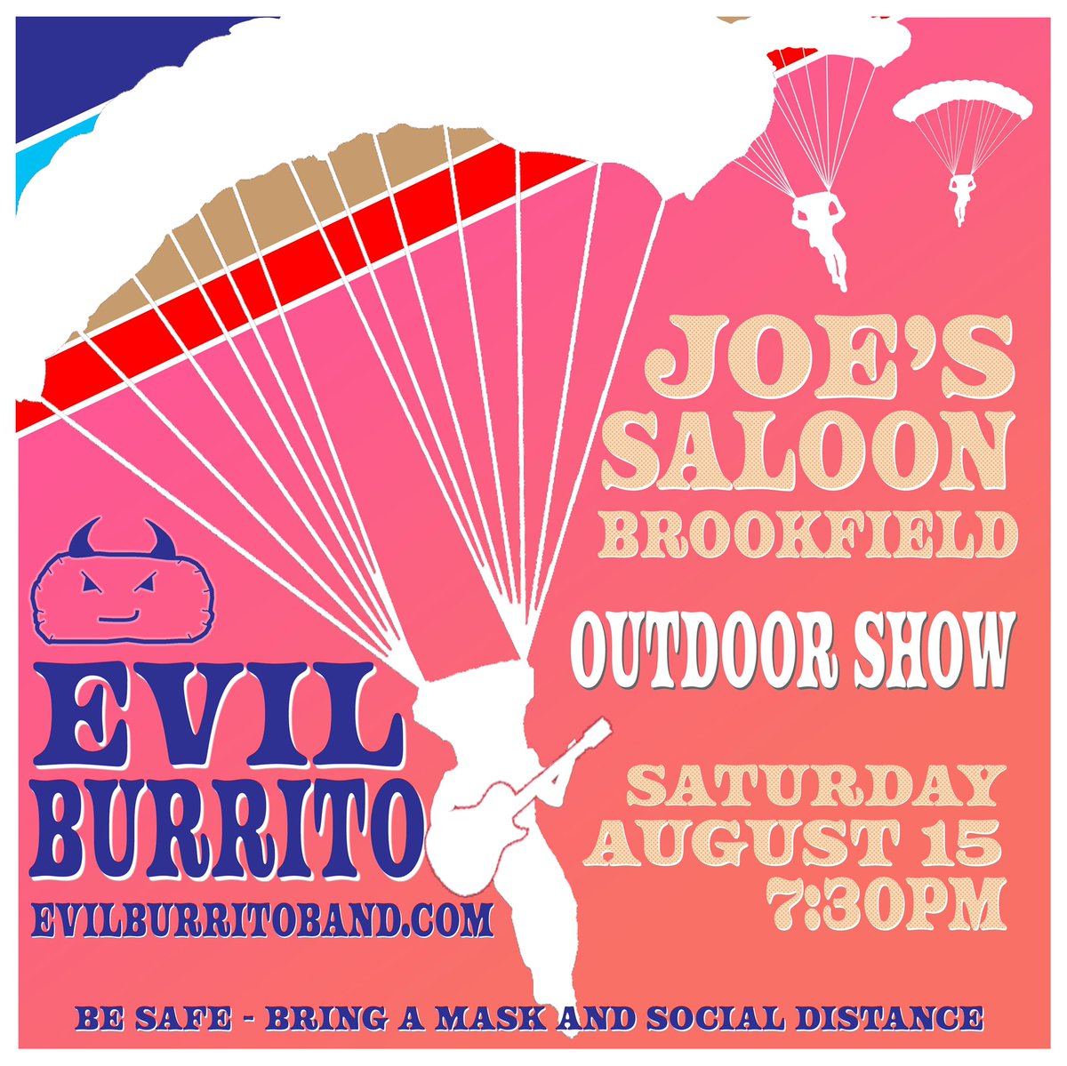 NEW SHOW: We’ll be playing outdoors at <a href="/JoesSaloon/">Joe's</a> in Brookfield, IL on Saturday, 8/15 at 7:30p. Space is limited, please follow venue’s safety guidelines. Info: evilburritoband.com/shows. #evilburrito #evilburritoband #brookfieldil #brookfieldillinois #joessaloon #show