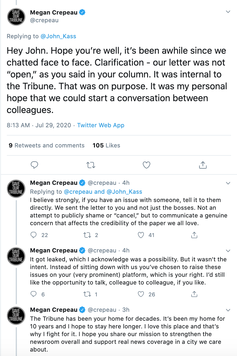 But Trib reporter Megan  @Crepeau says it wasn't an open. She says the letter only went to the bosses & Kass, but was leaked. She added the letter "was not an attempt to publicly shame or 'cancel' but to communicate a genuine concern that affects the credibility of the paper..."