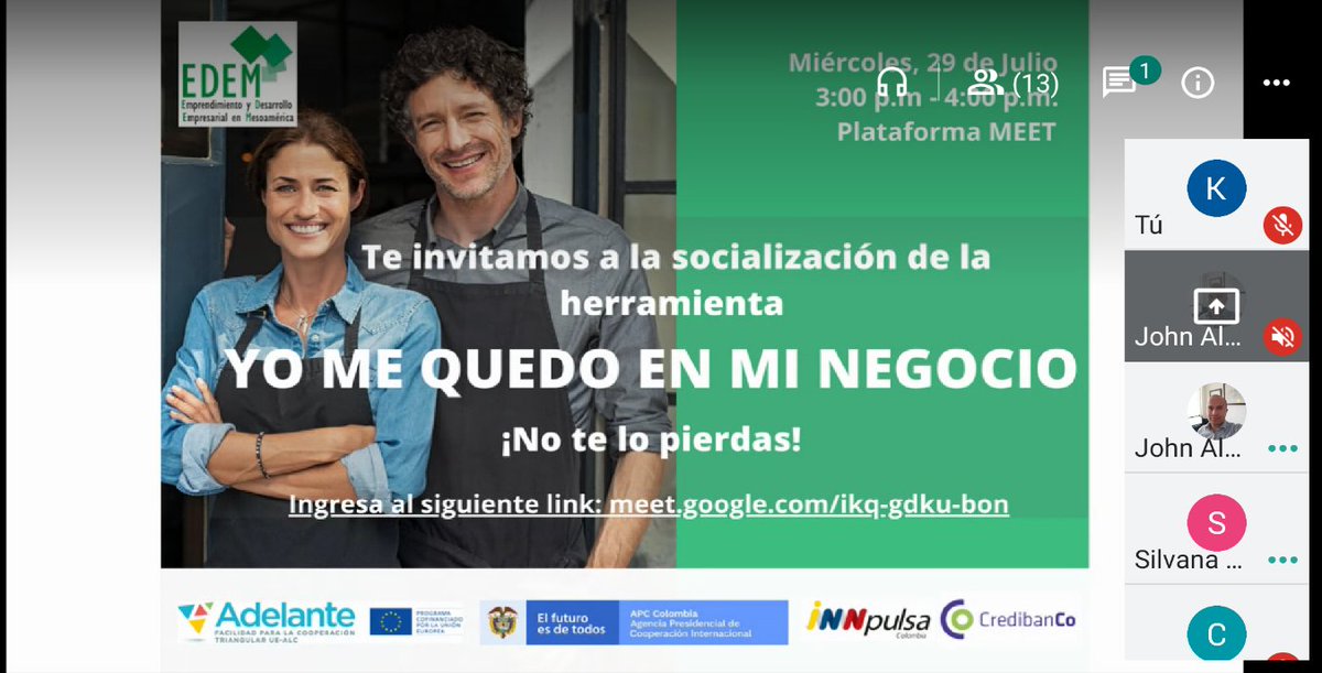 proyectoedem's tweet photo. #AEstaHora Nos encontramos en la socialización de la iniciativa "Yo me quedo en mi negocio" de @CredibanCo_ @InnpulsaCol a los países mesoamericanos del #ProyectoEDEM con el objetivo de compartir buenas prácticas que puedan ayudar a reactivar la economía. https://t.co/7pbcTAcOnd