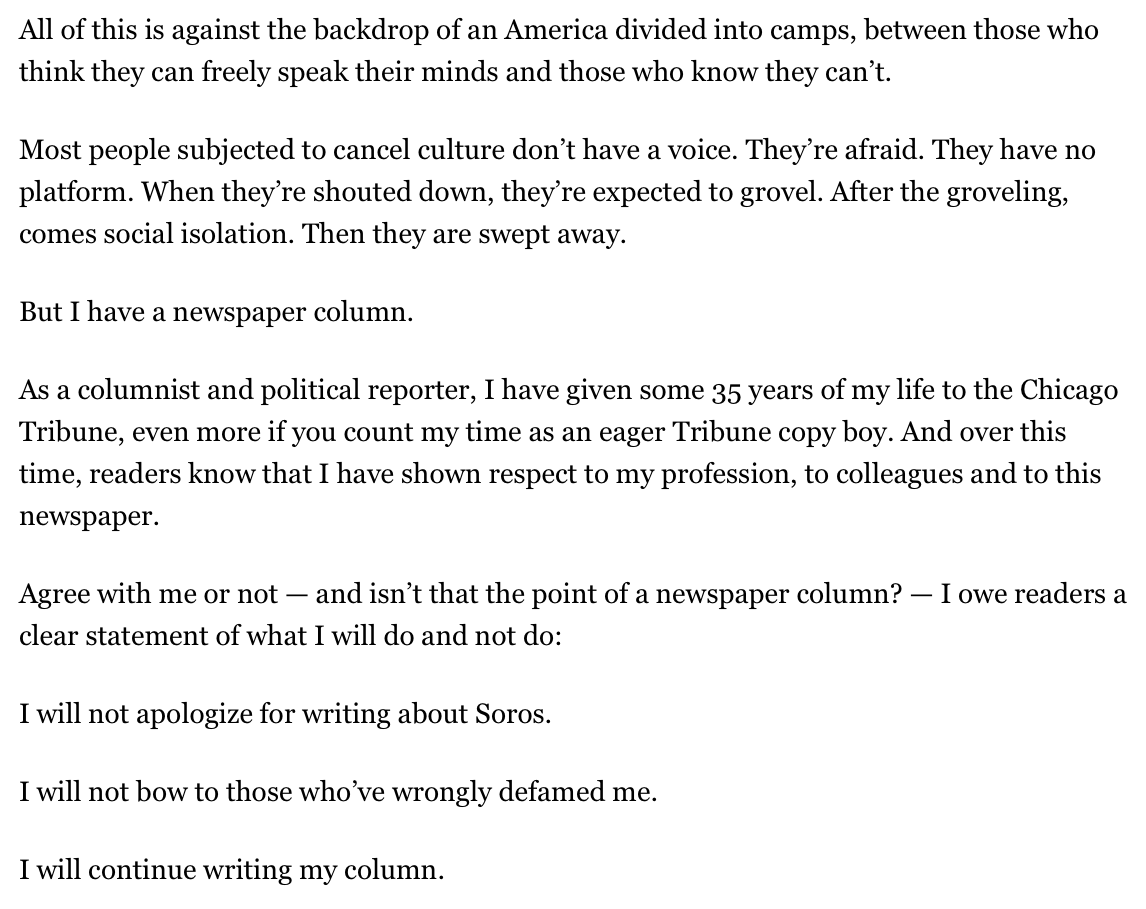 Moving on, Kass frames the Soros column issue as one of the freedom to speak one's mind. "I will not apologize for writing about Soros. I will not bow to those who’ve wrongly defamed me."