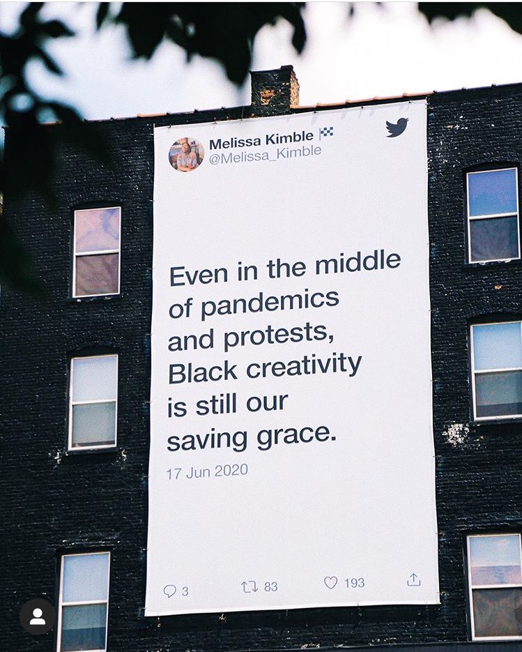 So for SZN 2 of my podcast <a href="/thechatpdcast/">The Chat Podcast</a> , all convos will be centered around the ever-present presence of Black Creativity and the role it plays/played during times of uncertainty.

It was largely inspired by this quote by my good friend <a href="/Melissa_Kimble/">Melissa Kimble (she/her) 🏁</a>