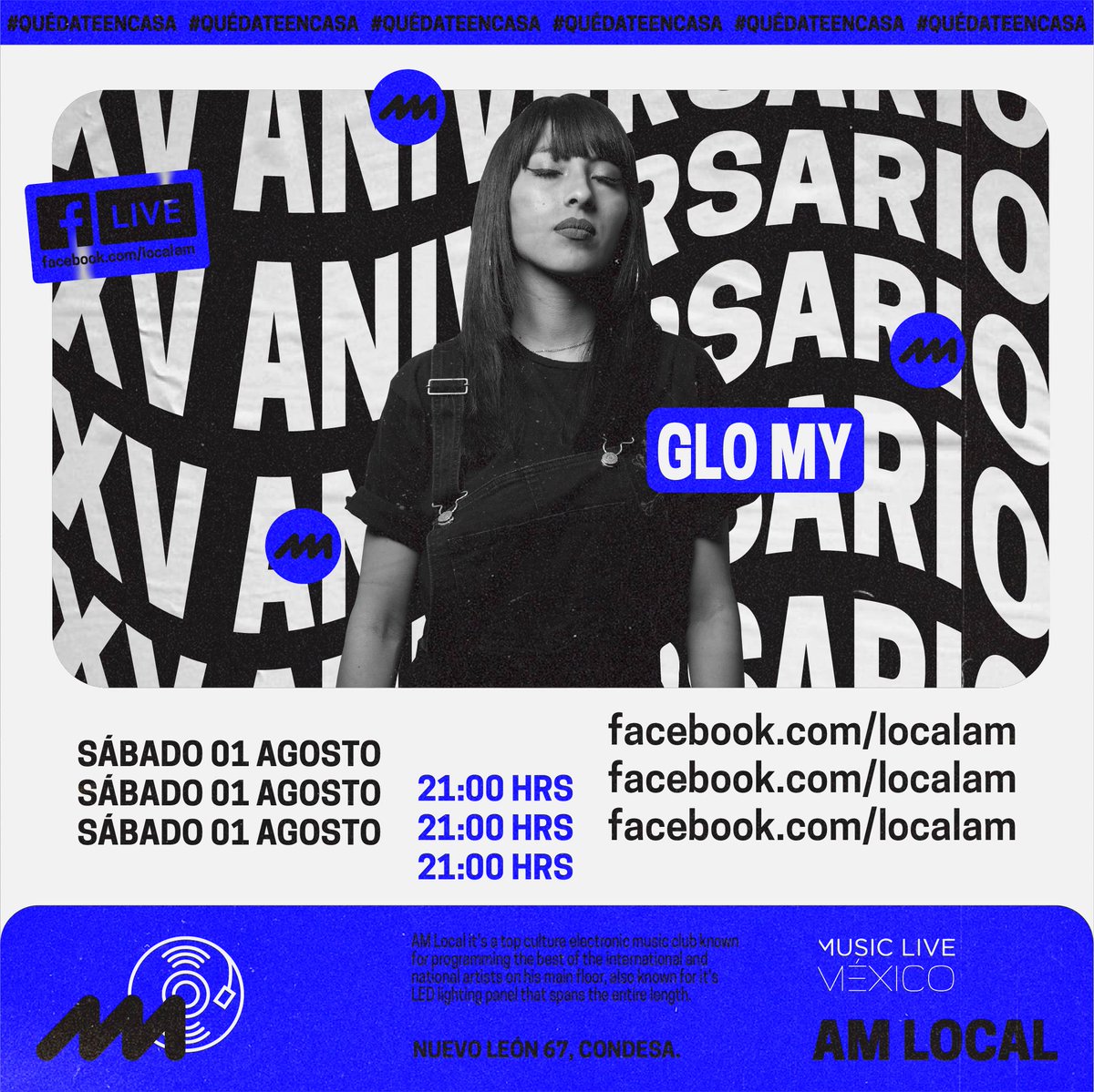 El mes de Agosto estaremos celebrando los XV años del AM LOCAL 👁‍🗨🎊🎉🎶💥 desde casa, les tenemos preparados una serie de LIVESTREAMS especiales todos los sábados cerrando con una sorpresa. ¡Conéctate en punto de las 20:00 hrs el próximo sábado!

#XVAÑOSDELAMLOCAL #AMLocal