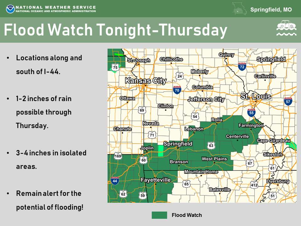 NWSSpringfield's tweet image. Showers and storms will move through the area tonight through Thursday. Many areas can handle a few inches of heavy rainfall without problems, however some flooding may still be possible given the terrain, mainly along and south of Interstate 44. #sgf #mowx #ozarkswx