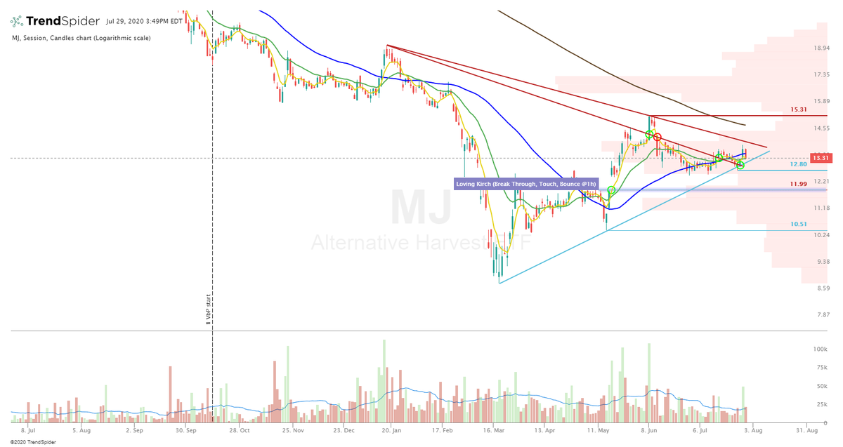  $MJ Reversal of yesterdays reversal. Price broke and closed below yesterdays lows. $12.80 is the line in the sand for bulls. A large move is coming &  @KamalaHarris as Biden's VP would be a fundamental reason for this sector to move. Watch week/month close for clues #trading