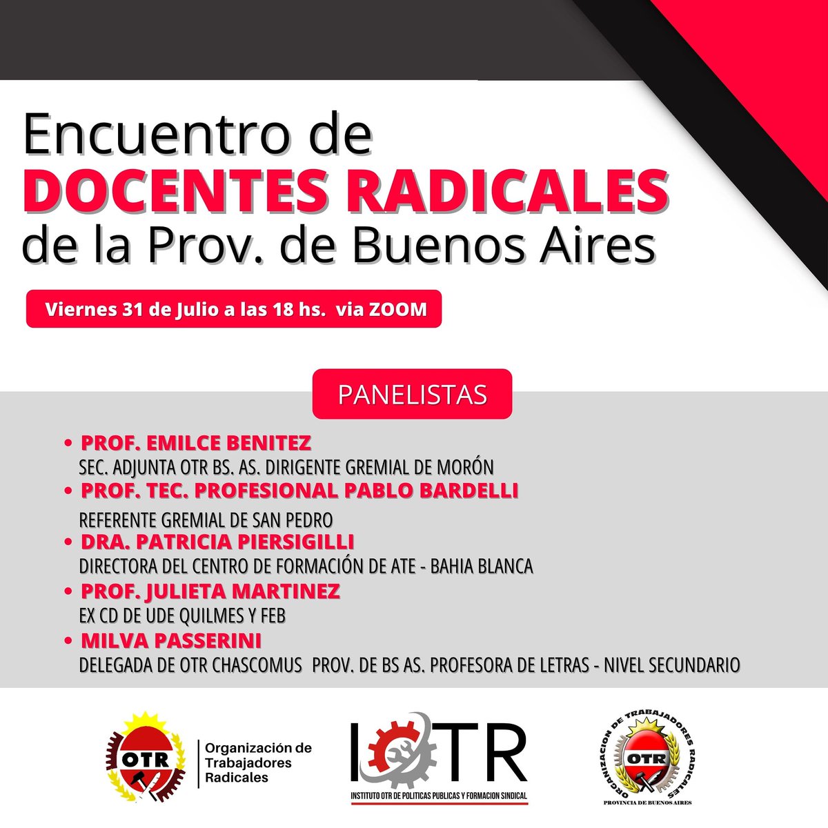 Los invitamos a participar del "Encuentro de Docentes Radicales de la Prov. de Buenos Aires", organizado en conjunto con la IOTR, la OTR Nacional y la OTR Bs. As.

🗓 Viernes 31 de Julio a las 18 hs. via ZOOM.

🔸️ID de reunión: 837 3071 9592
🔸️Código de acceso: 500918