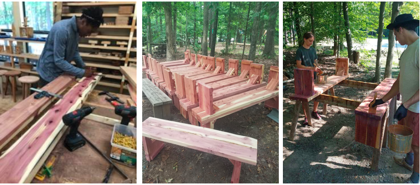 SchoolEmerson's tweet photo. Two students on a long bench help  maintain social distance. We're getting ready for outdoor classrooms! Gratitude to Ian Ostrowski &amp; his amazing team: Hezakya White, Keegan Durovich ('16), &amp; Batian Pienaar ('18) for building! #emersonwaldorf #waldorfeducation #outdoorclassrooms https://t.co/dipNULVwDC