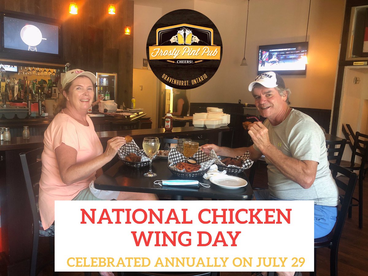 Happy #NationalChickenWingDay friends! Come in for a basket of delicious, meaty chicken wings any way you like them. 10 for $10 OR 20 for $20. We’re open today until 8PM!
#seeyouatthepub #frostypintpub #chickenwings #gravenhurst #muskoka #muskokalife #cottagecountry #pub