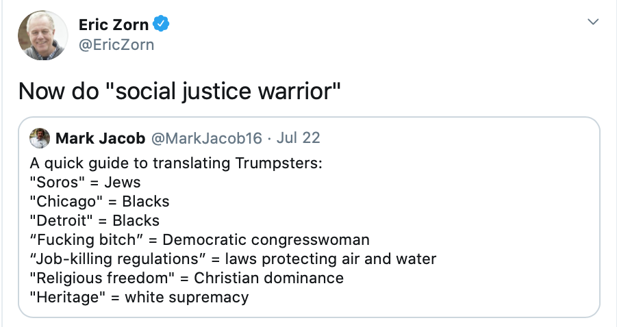 "I did not mention Soros’ ethnicity or religion" Kass protests in today's column.Yeah, but as many, including Kass' Trib coworker  @EricZorn and ex-coworker  @MarkJacob16 implied on the day the piece came out, in Kass' column Soros effectively served as shorthand for "The Jews."