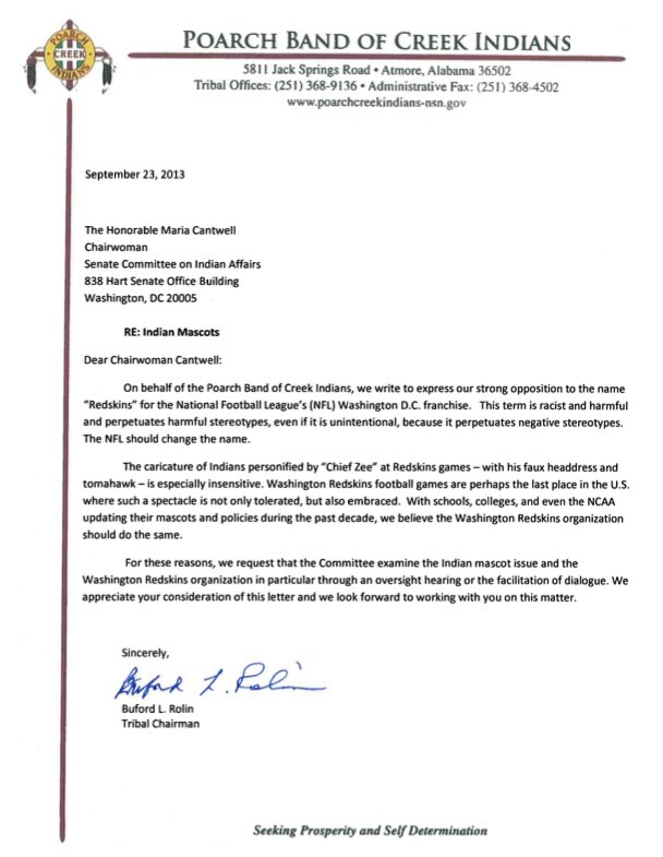 Several Indian Nations have previously written to the Chairwoman of the Senate Committee on Indain Affairs to express opposition to the Washington Reds**ns - most highlight offense taken to ‘Chief Zee’ and his use of a faux headdress and tomahawk