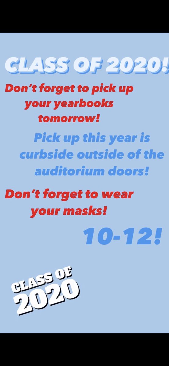 PublicationsMC's tweet photo. Class of 2020, tomorrow is the day to come pick up your senior yearbooks! Please be sure to wear a mask and we will deliver the yearbooks curbside outside the auditorium doors! We can’t wait to see you! https://t.co/3xnUW1NW0w