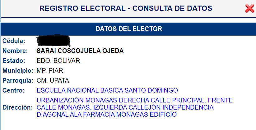 SaraCosco's tweet photo. Me meto en la página del CNE, porque vi que salió la lista de miembros de mesa, y me encuentro con la sorpresa de que me cambiaron arbitrariamente el centro de votación al estado Bolívar, cuando siempre he vivido y votado en Caracas. https://t.co/nLBIYJ7vDx
