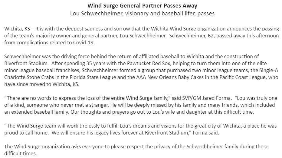 TaylorRochaTV's tweet photo. #BREAKING: Wichita Wind Surge (@WindSurgeICT) owner Lou Schwechheimer has passed away due to complications related to COVID-19.
Devastating. https://t.co/KNhz2NgCnK